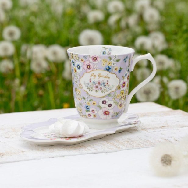 pl, чайник с чашкой и блюдцем Цветы Зеленые